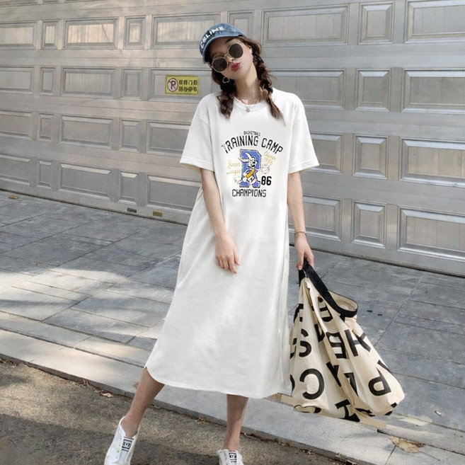 후암마켓 86 레빗 프린팅 박시한 반팔 롱 빅사이즈 옆트임 원피스