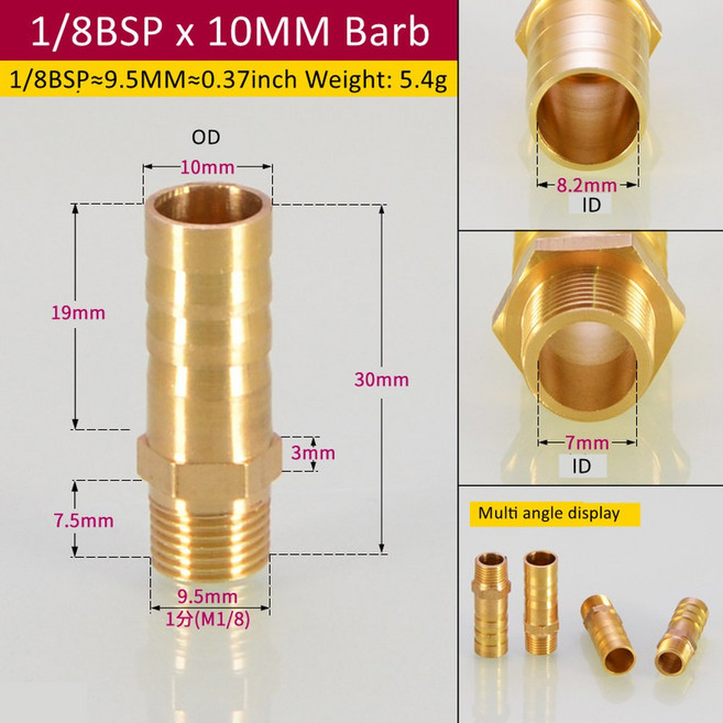 황동 파이프 피팅 10 바브 16MM 어댑터 BSP 12 커플러 14 구리 커넥터 호스, 1PCS, 1l8BSP 10mm Barb