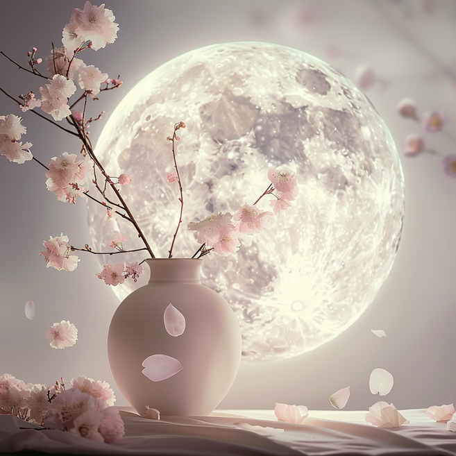 풍수지리 액자 달항아리 달 매화 캔버스액자 20cm x 20cm, 매화 흩날린 밤