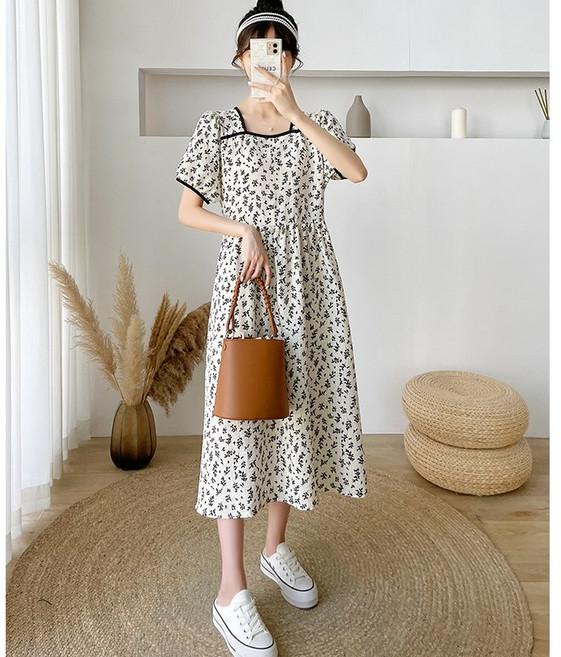 시원 가벼운 붙지않는 감촉편안 지지미 아사 린넨 스퀘어넥 띠 여름 반팔 롱 원피스 루즈핏