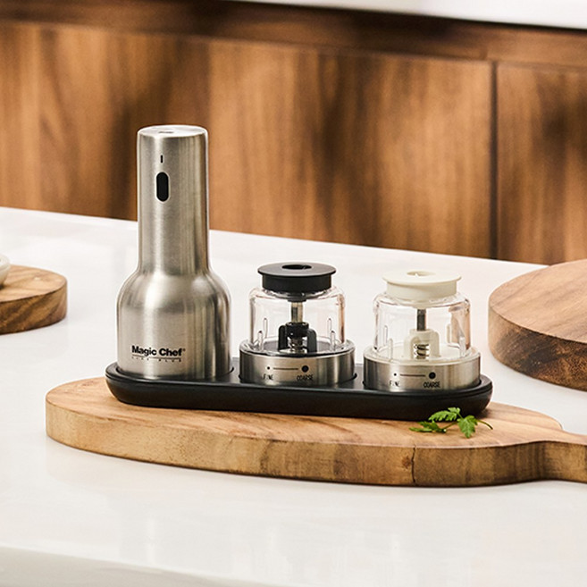 매직쉐프 전동 그라인더 소금 후추 2in1 스텐 실버 충전식 (본체1+팟2+트레이1), 1세트, 50ml
