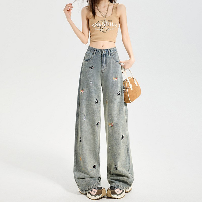SAHINER 여성 와이드 데님 팬츠 강아지 자수 캐주얼 봄용