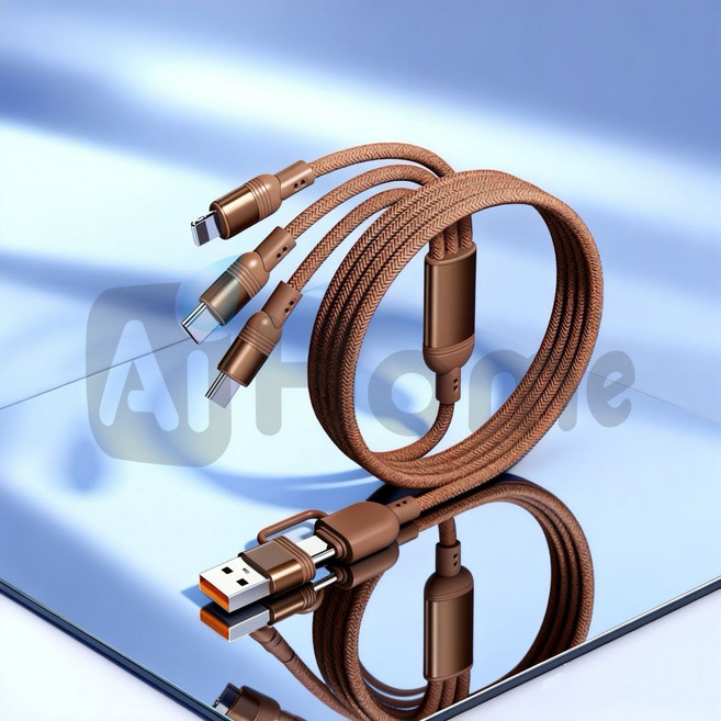 USB充電線 三合一 Lightning / Type-C / Micro USB 銅芯編織線, 1個, 咖啡色, 118cm