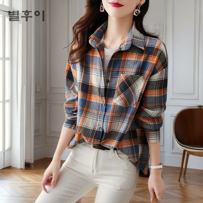 별후이 여성용 빅사이즈 남방 루즈핏 긴팔 체크 셔츠