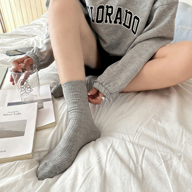 Banjiwu 여성 양말 순색 봄여름 양말 장목 양말 중장 운동 패션 흰양말 면양말 5족 세트