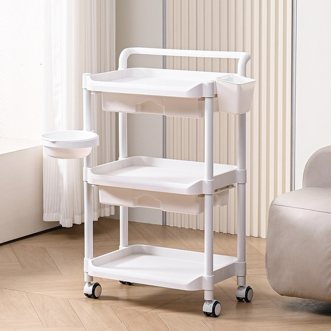 3단 미용 카트 뷰티 웨건 다용도 이동식 트롤리, 화이트
