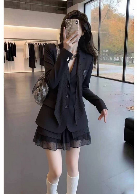 韓系西裝波點套裝裙 女新款