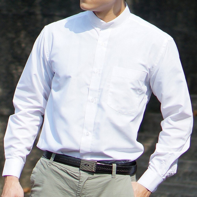 【CHINJUN】勁榮抗皺襯衫-長袖 亨利領 素面白色 中山領 男襯衫 白襯衫 商務 口袋 硬領