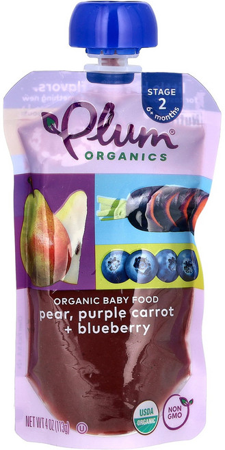 Plum Organics 유기농 아기 식품 2단계 배 자색 당근 & 블루베리 113g(4oz) Organics (플럼 오가닉스), Plum Organics, 유기농 아기 식품, 2단계,, 1