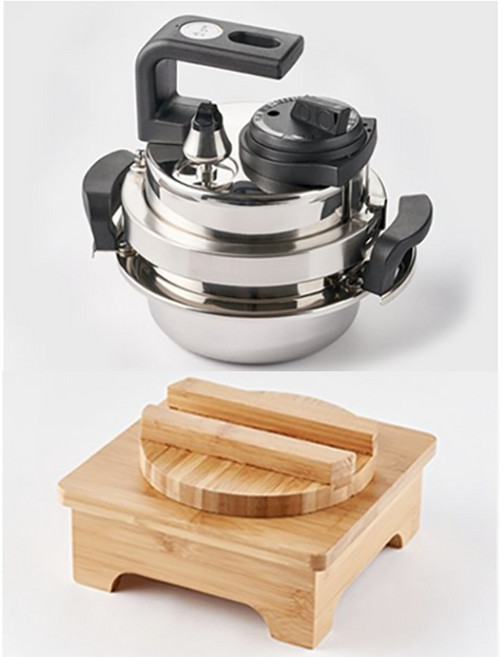 소댕 미니밥솥 미니압력밥솥 압력밥솥 인덕션 스텐 통3중, 압력솥1-2인 1L+목판뚜껑세트, 1개, 대나무받침뚜껑세트, 1L