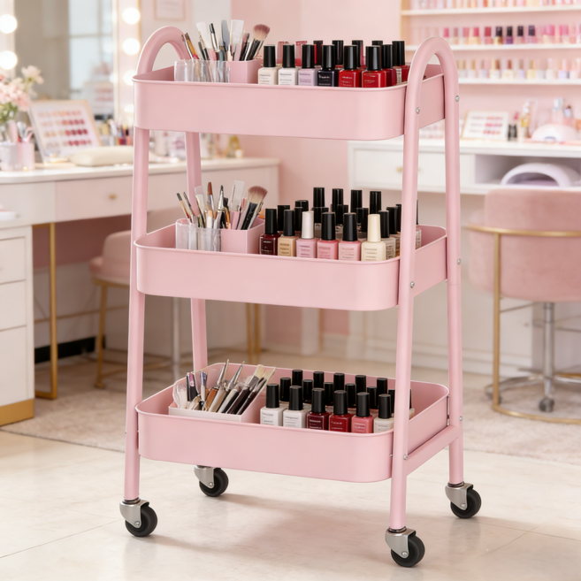 PYROVINE 이동식 수납카트 욕실 주방 틈새 트롤리 다용도 선반, 핑크, 3단