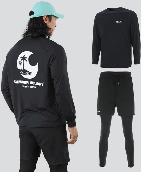 남자 루즈핏 긴팔 래쉬가드 상의 + 반바지 레깅스 하의 팬츠 세트 비치웨어 체형커버 자외선차단 휴양지 바캉스룩