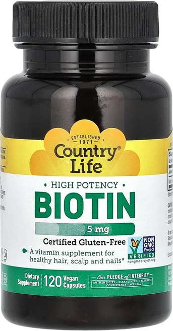 Country Life 고효능 비오틴 5mg 베지 캡슐 120정, 1개 - 쿠팡