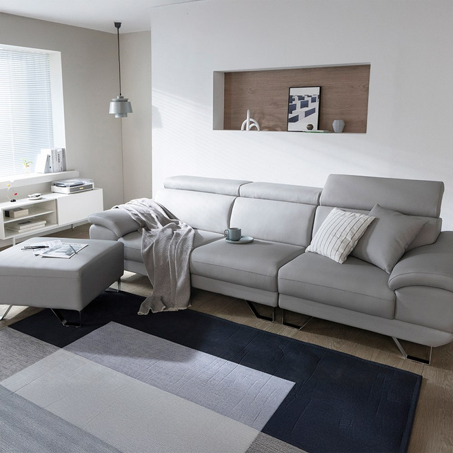 세계로가구 로이스 실리콘 레더 4인 소파 비건 가죽 4인용 쇼파, 라이트그레이, 스툴포함