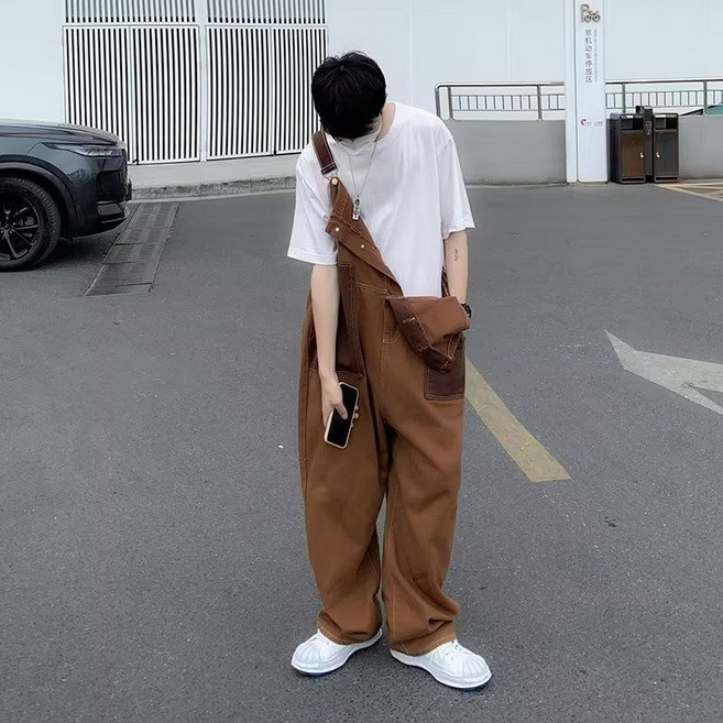 남자 봄 가을 멜빵바지 캐주얼 남성용 빈티지 스타일 오버올 와이드 청바지 멋스러운 다용도 포켓 CBB