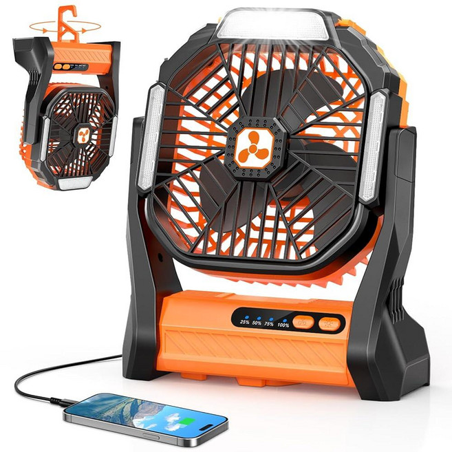 휴대용 충전식 팬 20000mAh 무선 배터리 전원 캠핑 텐트 팬 SOS 및 LED 랜턴 포함 소형 USB C 작동 야외 통풍기 낚시 여행 캠프 피크닉 해변 사무실 책상, L, Orange