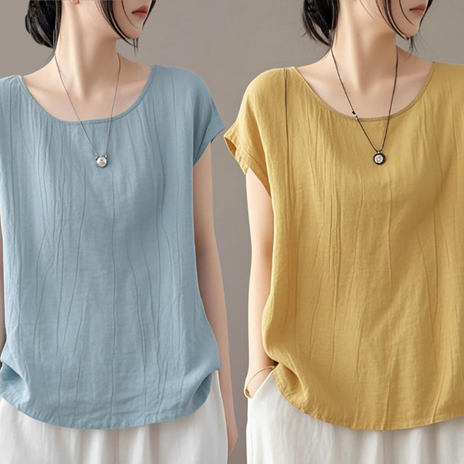 로르카 1+1 (2종세트) 여성 라운드넥 루즈핏 면마 반팔 심플 디자인 캐주얼 데일리 티셔츠 U02031905