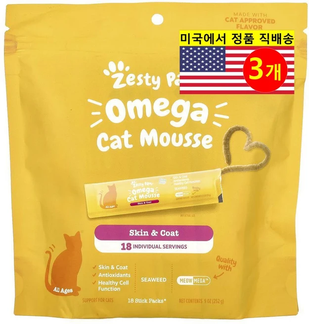 Zesty Paws 고양이용 피부 털 세포 기능 건강 관리 오메가 캣 무스 참치 스틱 18개입 252g 1개, 3개 - 쿠팡