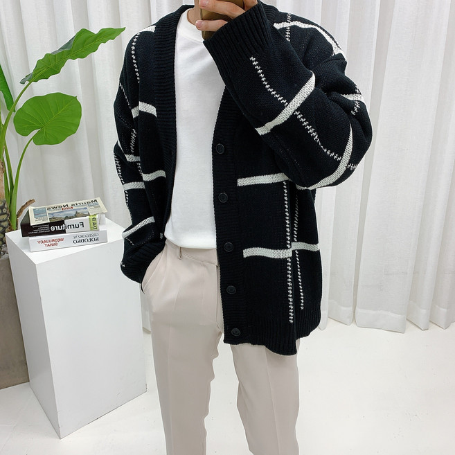 스트릿제이 데일리 체크 패턴 배색 가디건 니트 오버핏 아우터 캐주얼 카디건