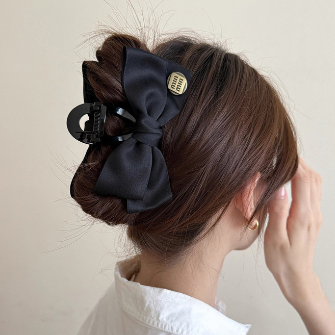 JAVO 블랙 새틴 리본 집게핀 미우 스타일 헤어 액세서리