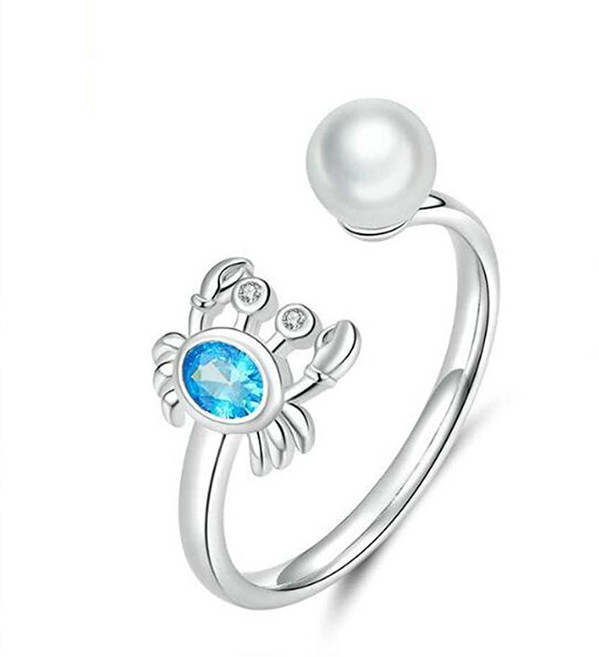 여성용 동물 인어 꼬리 반지 스털링 실버 돌고래 꼬리 조절 가능한 오픈 오션 진주 반지 어머니의 날 크리스마스용 (게 반지 주얼리) 크리스탈 순은 큐빅 지르코니아