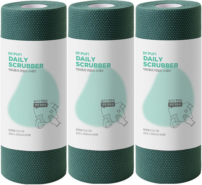 닥터퓨리 엠보싱 일회용수세미 롤형, 다크그린 대형, 3개