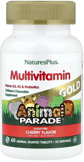 NaturesPlus Animal Parade Gold 어린이용 츄어블 종합비타민 보충제 체리 동물 모양 정제 60정, NaturesPlus Animal Parade G..., 1개 - 쿠팡