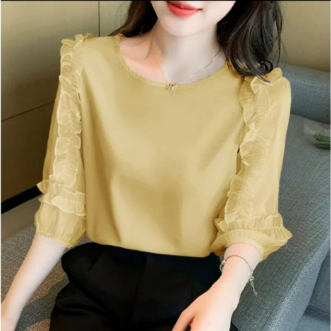 Neirny 여성 라운드넥 쉬폰 블라우스 봄가을 빅사이즈 캐주얼 데일리 이너 긴팔 간절기 셔츠