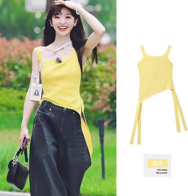 노란색 끈 나시 여성 디자인 감각 소규모 여름 짧은 니트 티셔츠 상의