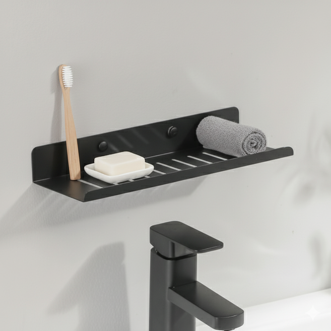 마벨인홈 무타공 세면대 수전 물빠짐 주방 욕실선반 일자형, 블랙