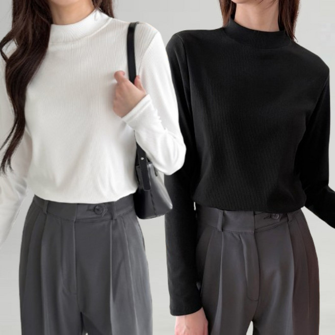 비오라 여성 루즈핏 반목티 폴라티 긴팔 티셔츠 2종세트