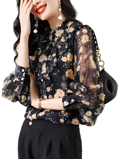 씨플 여성 블라우스 루즈핏 플라워 시스루 소매 쉬폰셔츠 우아한 에쁜 고급 빅사이즈 남방 셔츠