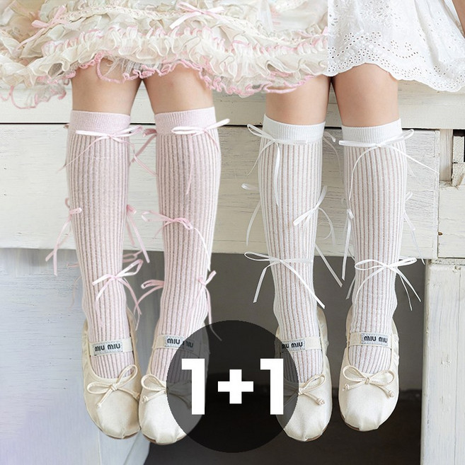 더그랜 여아 리본 타이 니삭스 아동 골지 반스타킹 양말 2종세트