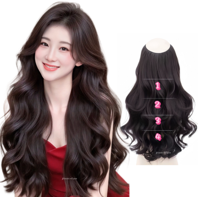 지니판 수많은 S컬 C컬 로 더욱 풍성한 컬감 머리숱 추가한 일체형 붙임머리, 1개, 내츄럴블랙