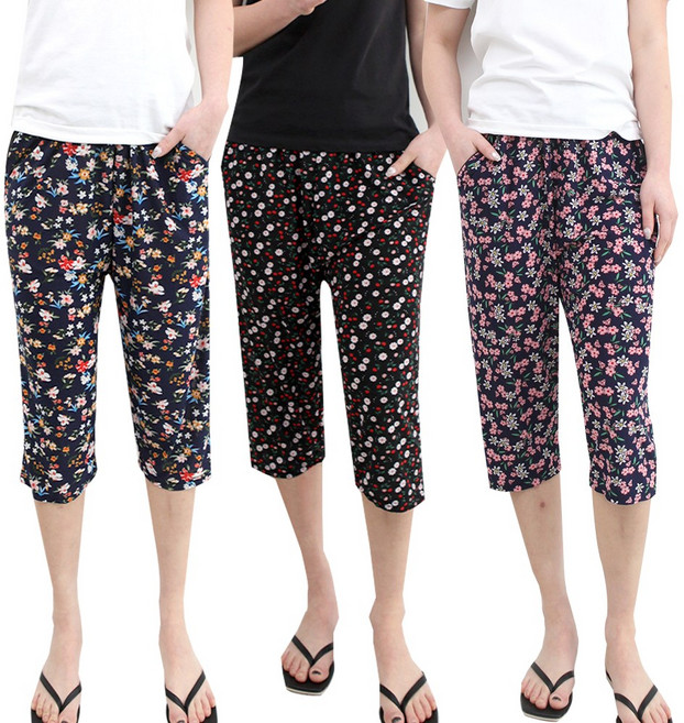 (3장)슬레진저 여성 꽃무늬 까실이 7부 9부 아이스 쿨팬츠 여름 잠옷 여자 파자마 쿨 바지 작업복 일바지 몸빼 하의