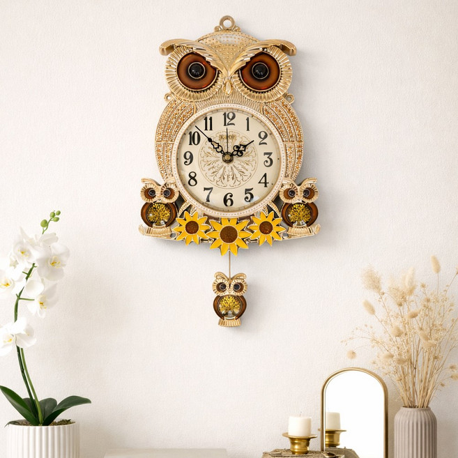 대박아트 행운금나무 무소음 부엉이 추벽시계, 골드