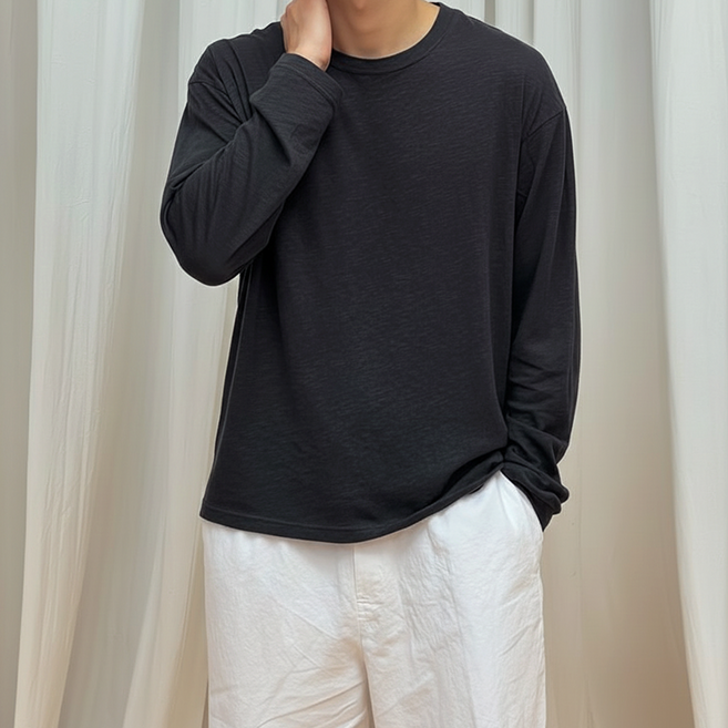 남자 여름 긴팔티셔츠 부드러운 무지 슬라브 긴팔티