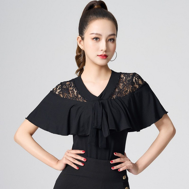 라틴댄스 여성 V넥 반팔 상의 모던댄스 의상 스트레치 소재 움직임 편안한 댄스복 디자인 감각 연습 공연용 연습복 여름 실내 공연룩