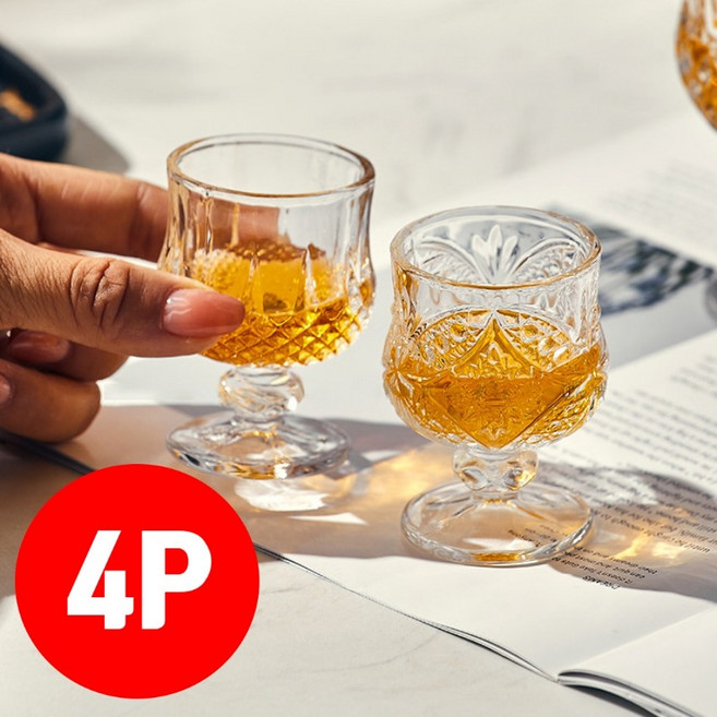 [감성]오해디랩 빈티지 고블렛 유리 소주잔 위스키 샷잔 4p, 1세트, 국화