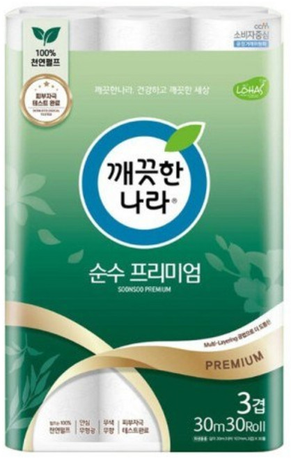 깨끗한나라 순수 프리미엄 화장지 천연펄프 고급롤화장지, 1개, 30롤, 30m