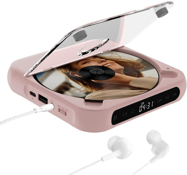 프리라이프 - 휴대용 CD 플레이어 충전식 무선 블루투스 5.3 플레이어 반복 어학기, 핑크, HB16