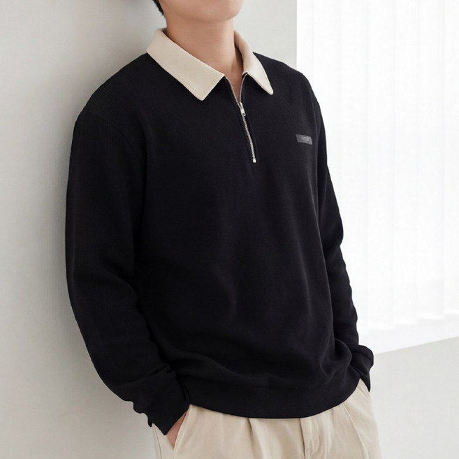 루크 남성 루즈핏 간절기 경량 반집업 맨투맨 남자 봄가을 긴팔 오버핏 카라 배색 상의 기본 데일리 캐주얼 반지퍼 티셔츠 레이어드 패션 편안한 코디