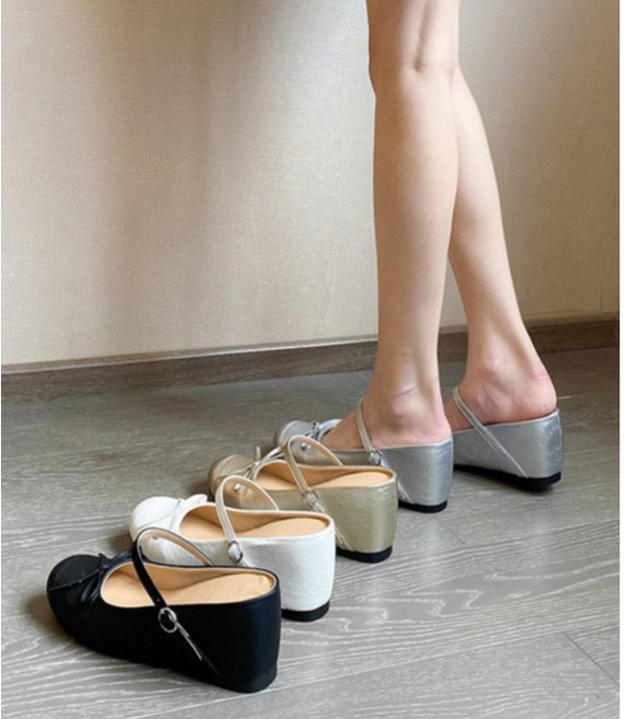 여성용 리본 메리제인 뮬 샌들 8cm 가보시 통굽 슬리퍼 키높이 플랫폼 슈즈 여름용