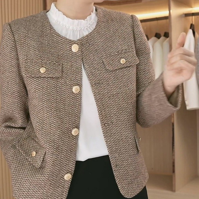 여성 골드버튼 포켓 노카라 트위드 자켓 간절기 데일리 아우터