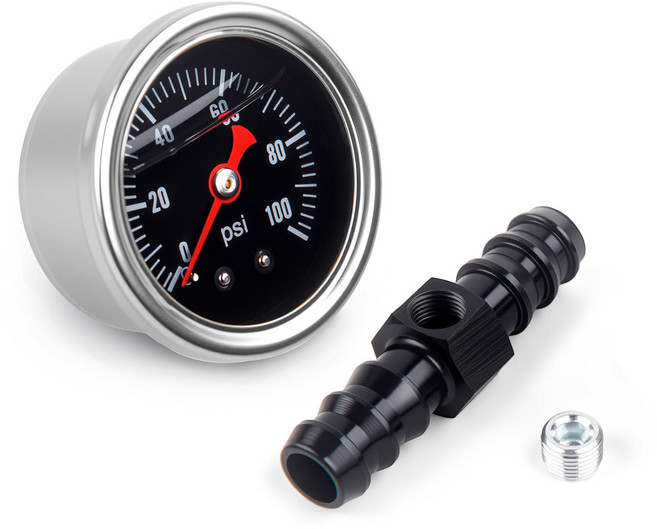 CNRAQR 범용 0-100psi 압력 게이지 1/8" NPT 오일 프레스 게이지 5/16" 바브 인라인 압력 게이지 피팅 어댑터, 0-15Psi, 5/16" Barb