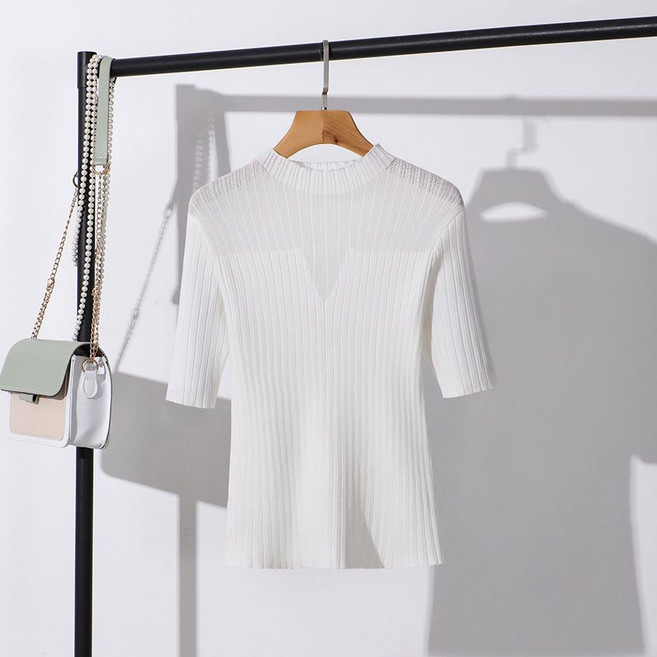 캐주얼 여성 반팔 반폴라 니트티 봄가을 슬림핏 반목 반팔 이너티셔츠 데일리 여자 펀칭 5부 니트 LCC