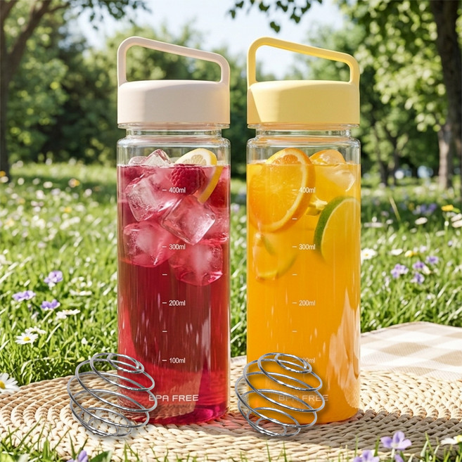 위드 눈금 쉐이커보틀 핸디 손잡이 트라이탄 물병 2P, 1세트, 500ml, 아이보리,옐로