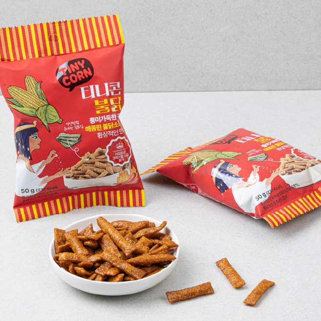 티니콘 불닭맛 K스낵 K-Snack 다이어트과자 맥주안주 저칼로리 다이어트 이집트산 크리스탈 소금 완도김 불닭소스 옥수수칩 콘칩 매콤 과자, 6개, 50g