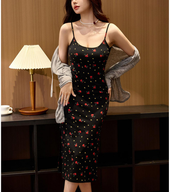 碎花蕾絲花邊V領吊帶連衣裙女夏新款長裙, 黑色（U领连衣裙）