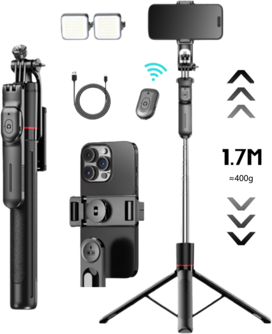 WoWo 미니 초경량 무선 블루투스 올인원 스마트폰 셀카봉 삼각대, 검은, F16다기능 셀카봉 1.7m, 1개